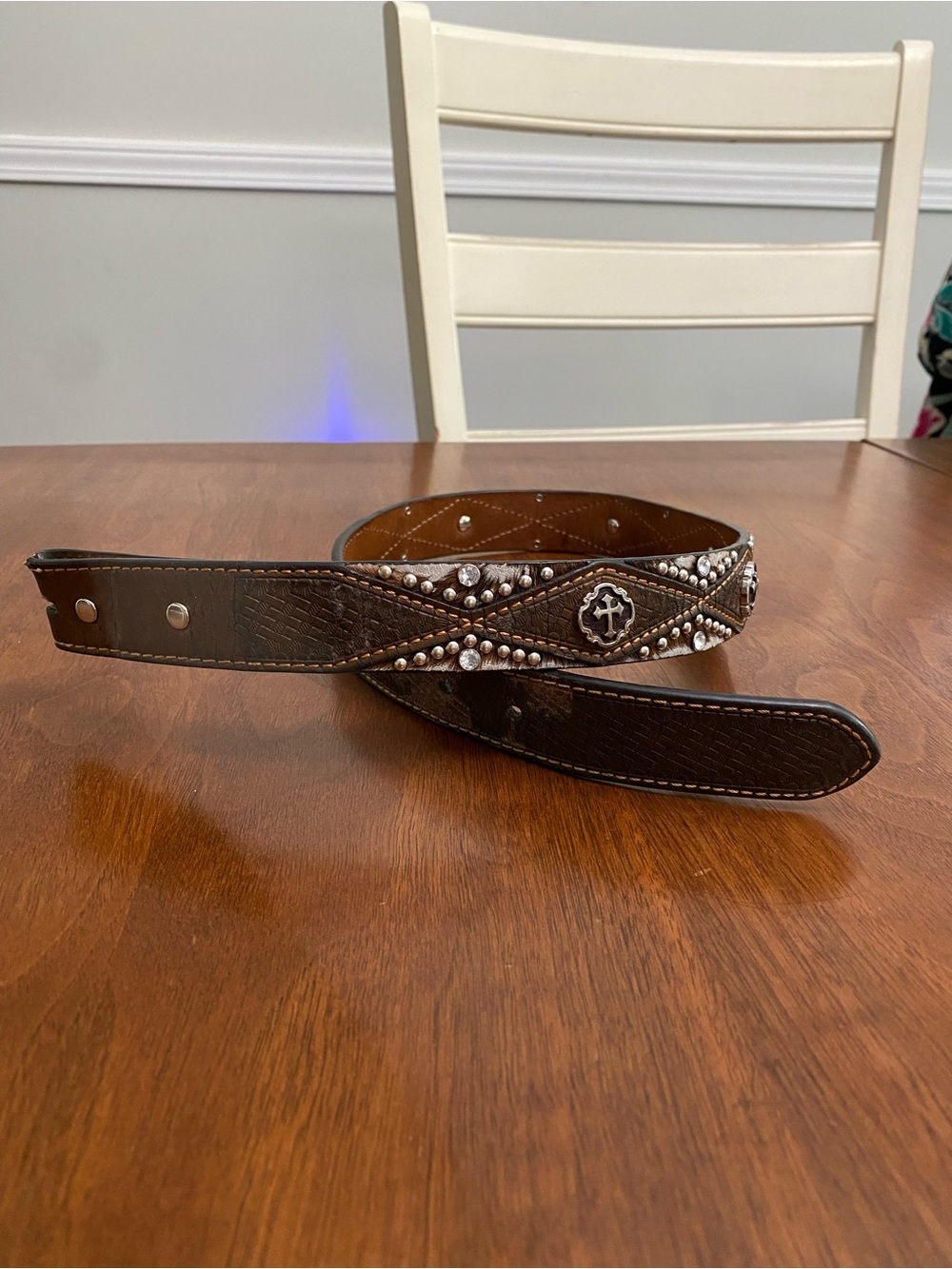 Girls Nocona Western Leather Cross Rhinestone Belt - L